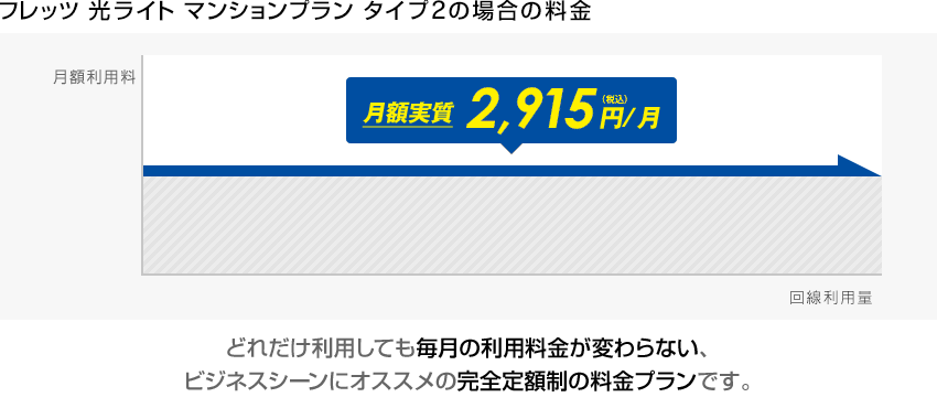 【フレッツ 光ライト マンションプラン タイプ2の場合の料金】どれだけ利用しても毎月の利用料金が変わらない、ビジネスシーンにオススメの完全定額制の料金プランです。 【フレッツ 光ライト マンションプラン タイプ2の場合の料金】どれだけ利用しても毎月の利用料金が変わらない、ビジネスシーンにオススメの完全定額制の料金プランです。
